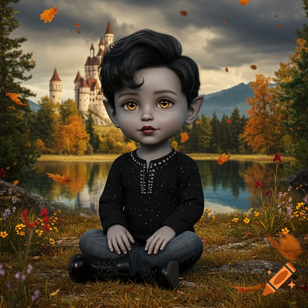A stylized boy with grey skin, amber eyes, and pointy ears sits by a lake with a castle in an autumn forest.
