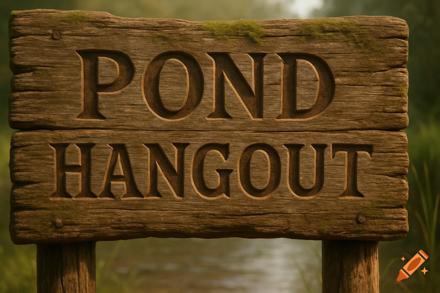 Photorealistic weathered wooden sign with 'POND HANGOUT' carved into it, blurred nature background.