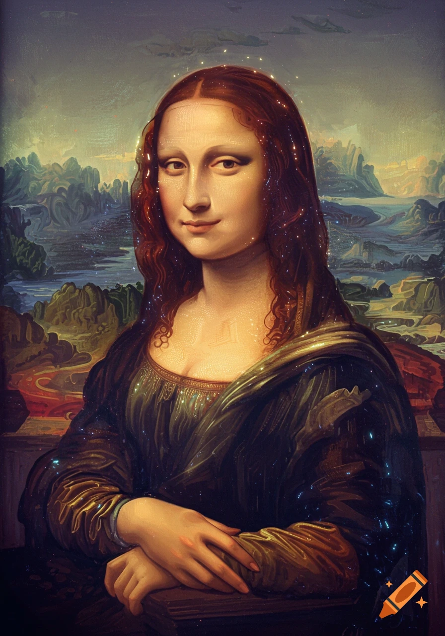 Stylized portrait of the Mona Lisa with glowing particles on her hair and dress, against a dreamy landscape.