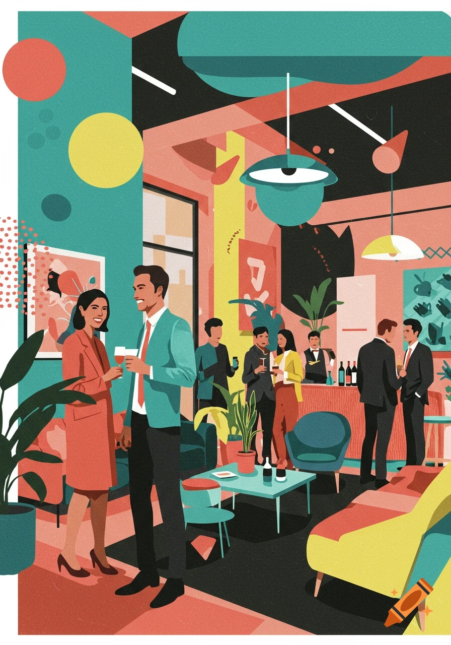 A stylized flat illustration in Memphis design style depicts people mingling at a vibrant corporate party, holding drinks in a colorful interior.