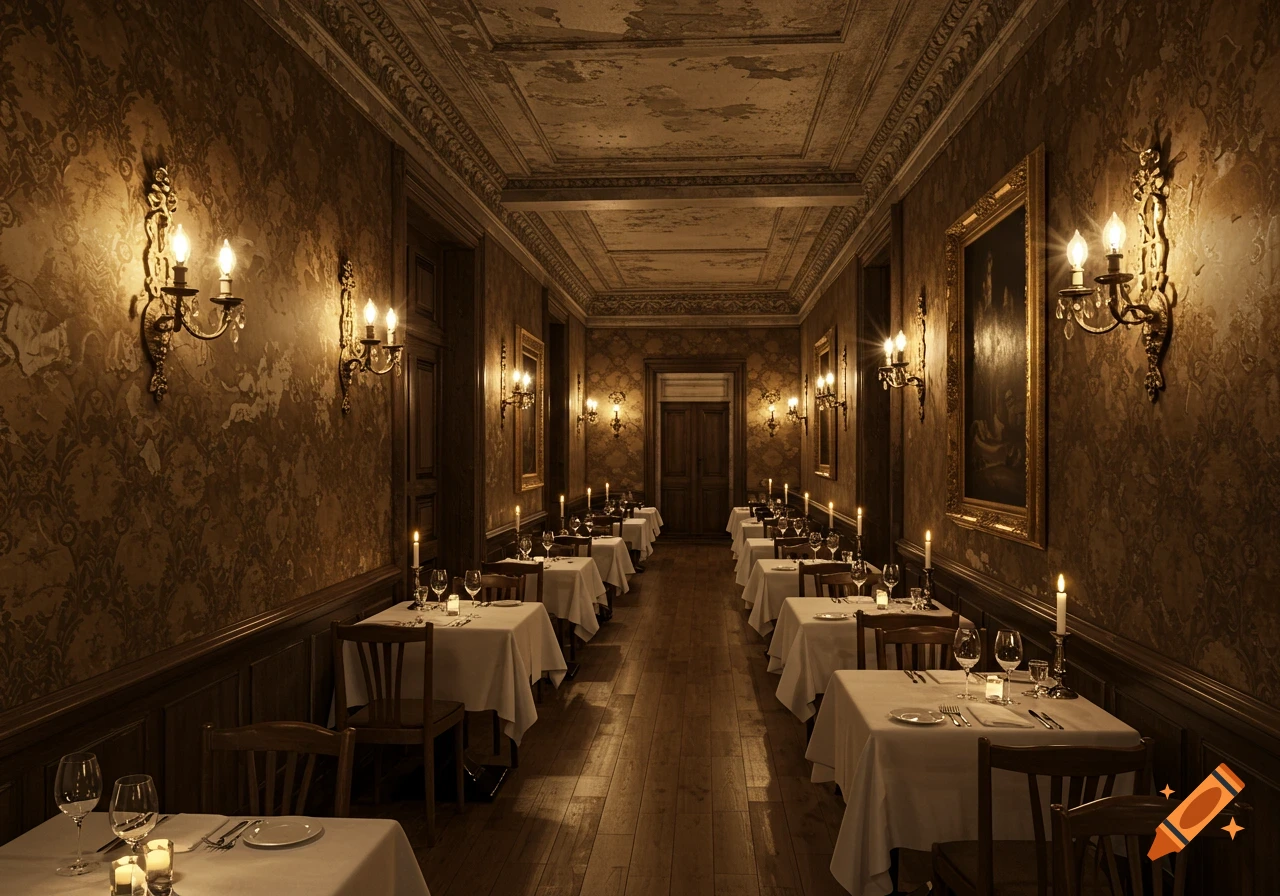 A narrow, ornate dining room in an old building, with candlelit tables set for dinner, patterned walls, and wall sconces.