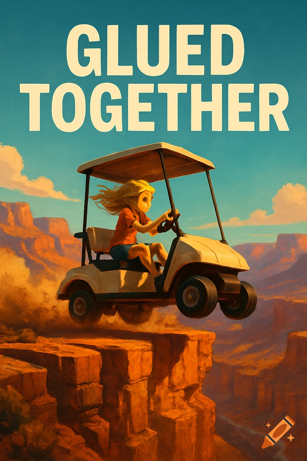 Cartoonish blonde girl in a golf cart drives off a desert canyon cliff under text 'GLUED TOGETHER'.
