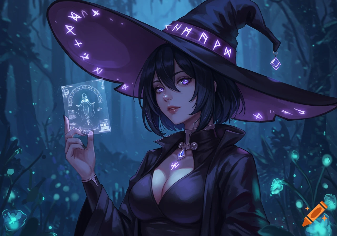 A stylized fantasy portrait of a dark-haired witch with glowing purple eyes, wearing a large hat with runes, holding a magical glowing tablet in a mystical forest.