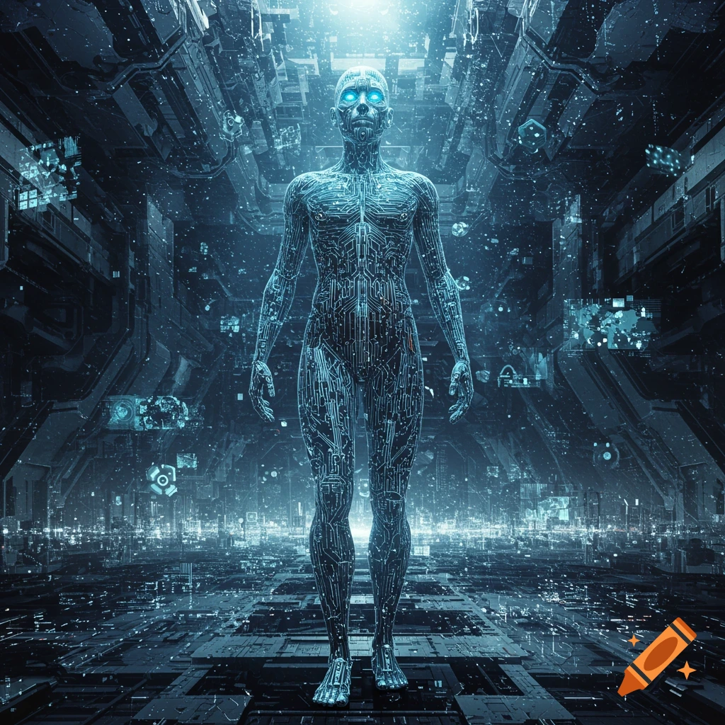 A glowing blue humanoid figure made of circuit boards stands in a dark, futuristic technological city with data interfaces.