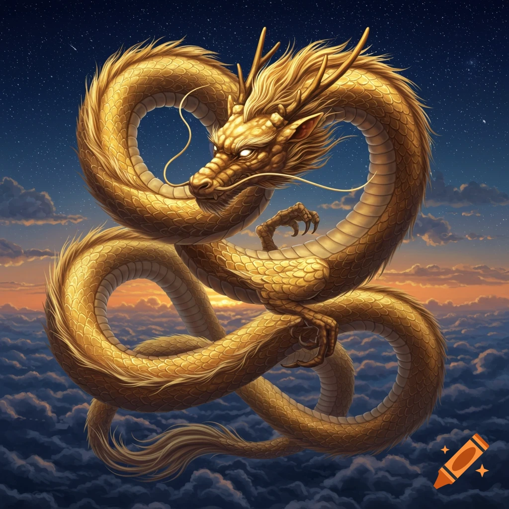 A golden Eastern-style dragon coils in a starry sky above