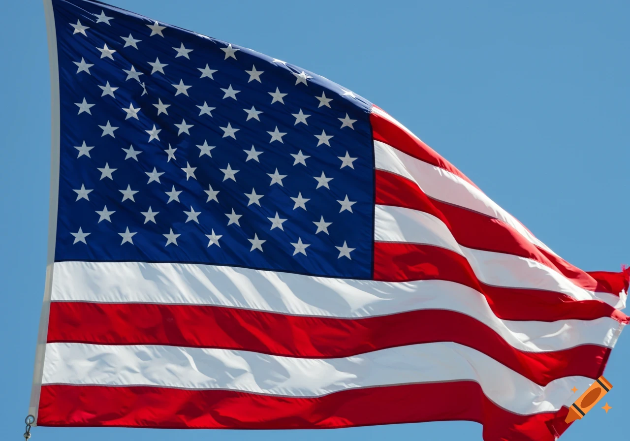 A photorealistic American flag waving against a clear blue sky, showing many white stars on a blue canton and red and white stripes.