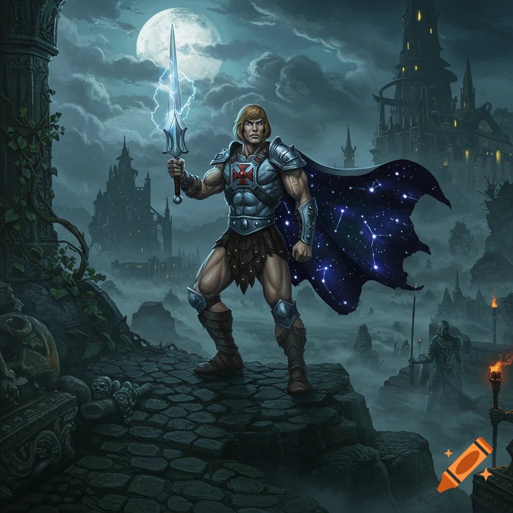 He-Man in armor holds a glowing sword on a castle ruin, overlooking a dark, foggy landscape with other castles, digital art.