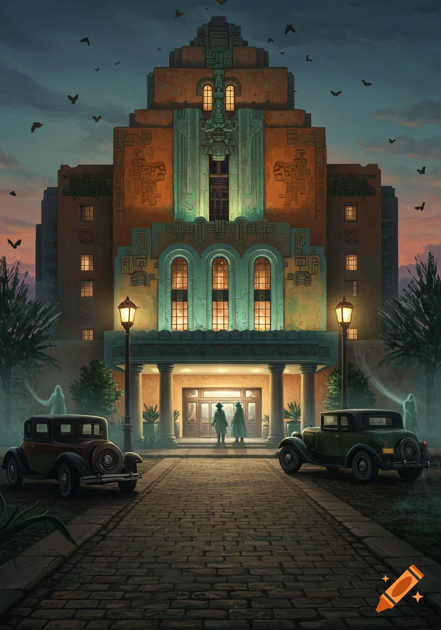 An imposing Aztec-inspired hotel at twilight, with vintage cars parked on a cobblestone path, and two figures at the entrance, bats flying in the sky.