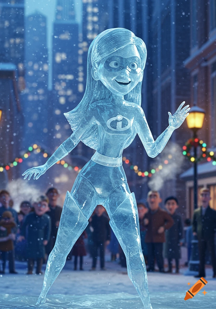 Violet from The Incredibles, transformed into a translucent ice statue, stands smiling in a snowy street with blurry onlookers in the background.
