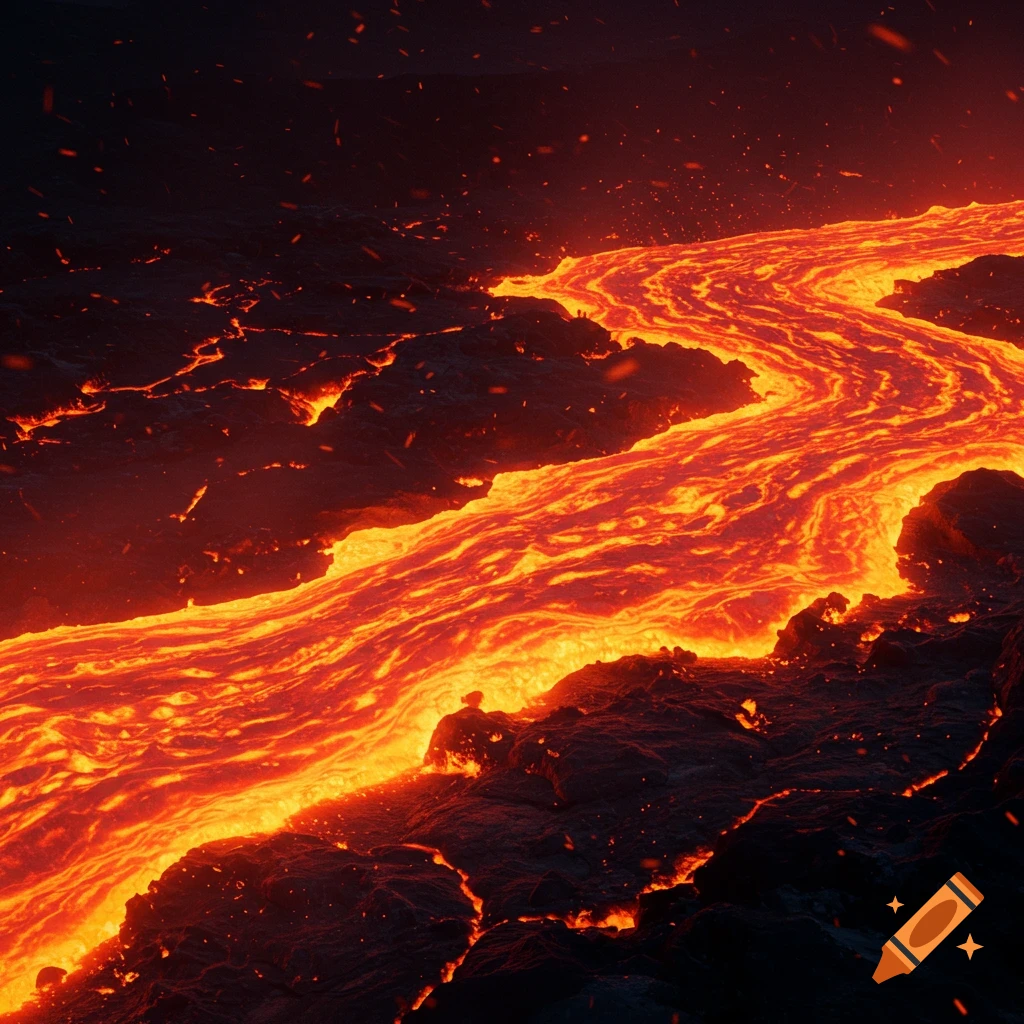 A glowing river of molten lava flows across a dark, rocky volcanic landscape with embers rising into the air.