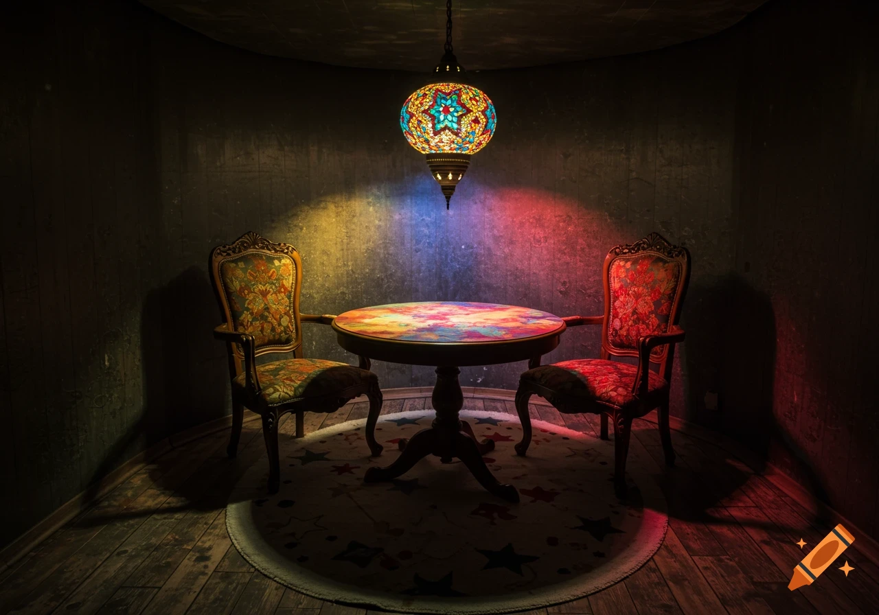A dark room with a hanging colorful tiled lamp illuminating a round table with a patterned top and two ornate chairs, on a star-patterned rug.