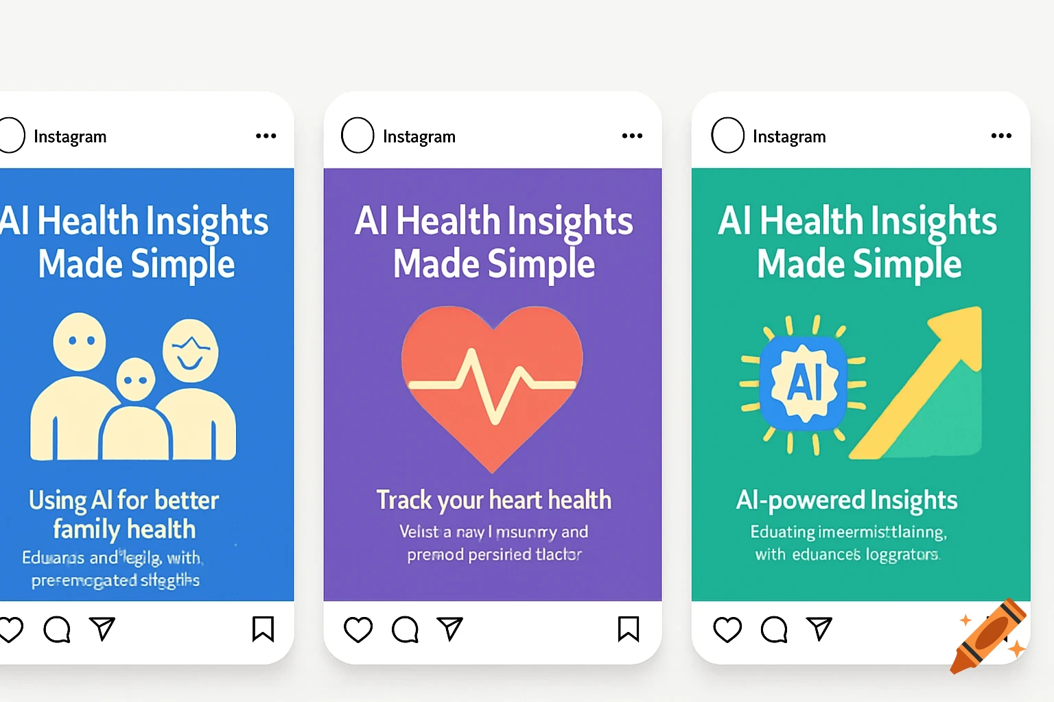 Three Instagram post mockups with titles 'AI Health Insights Made Simple'. Icons include a family, a heart with an ECG, and an AI chip with an upward arrow.