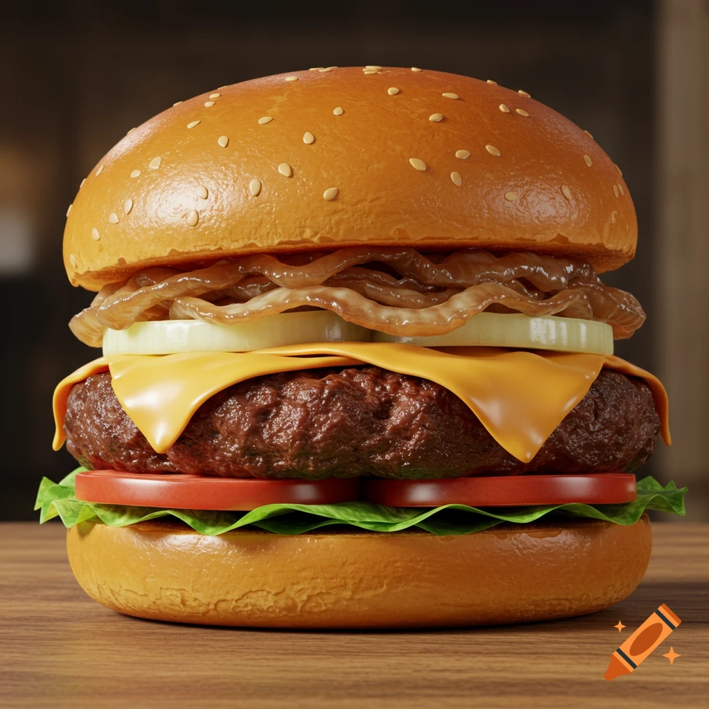 Close-up photorealistic shot of a burger with a patty, melted cheese, onions, tomato, lettuce, and a sesame seed bun on a wooden table.