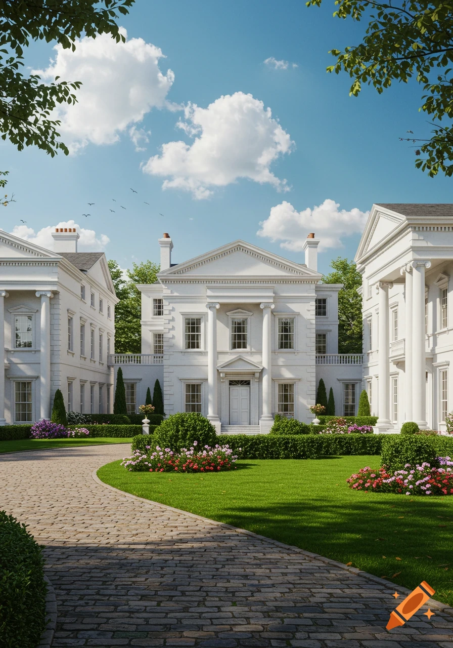 Three grand white buildings with columns and pediments, surrounded by lush green lawns, colorful flower beds, and a curving cobblestone path under a blue sky with clouds.
