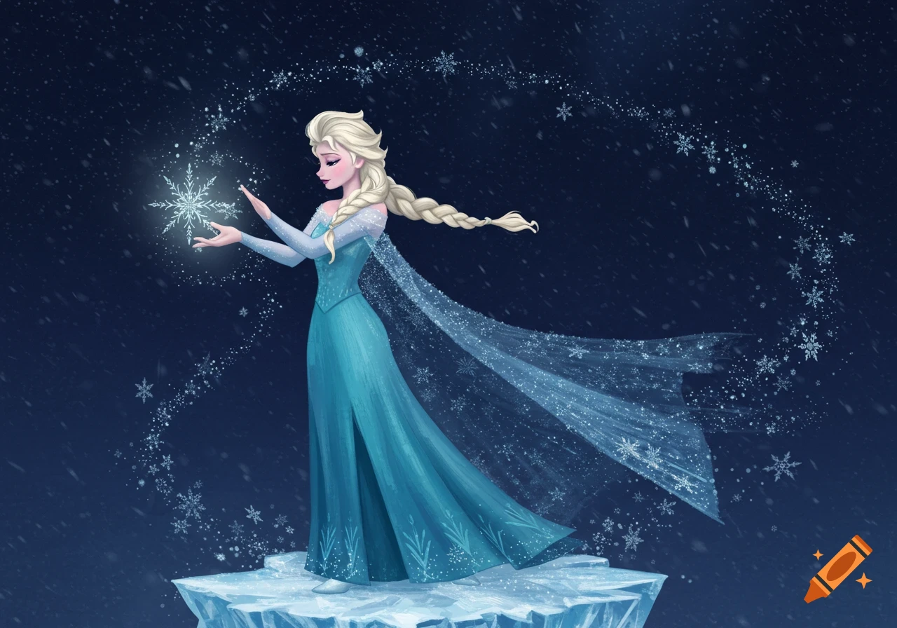 Elsa from Frozen in an animated illustration, conjuring a glowing snowflake on an ice platform amidst falling snow.