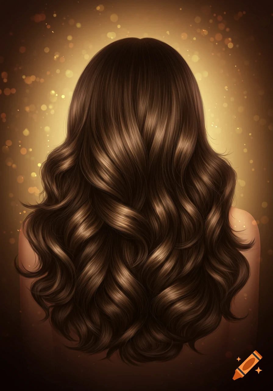 A close-up from behind of long, wavy, glossy brunette hair flowing over a woman's shoulders, against a golden bokeh background.