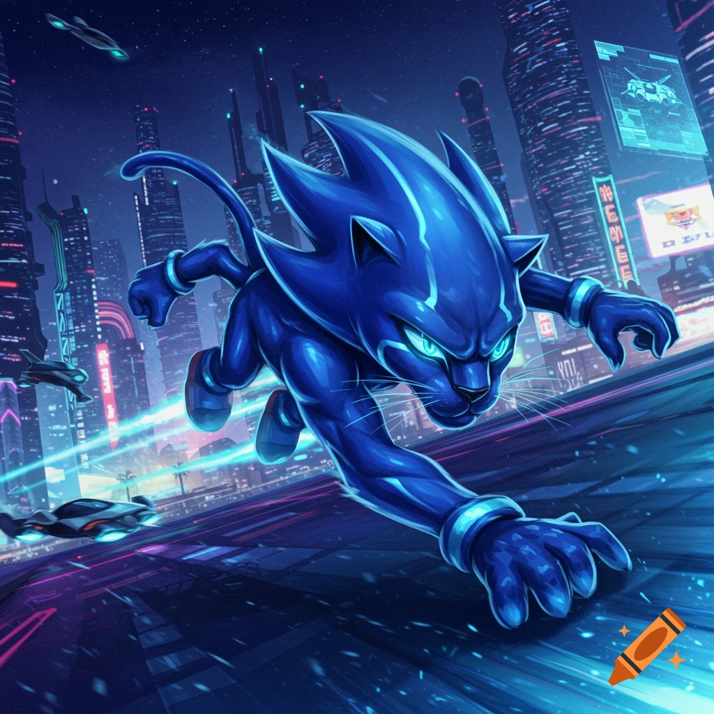 A sleek, glowing blue panther-like creature with spiky fur runs at high speed through a futuristic neon city at night.