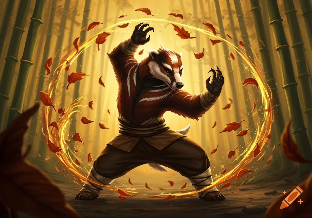 A stylized badger in a martial arts pose, surrounded by swirling autumn leaves and golden light in a bamboo forest.