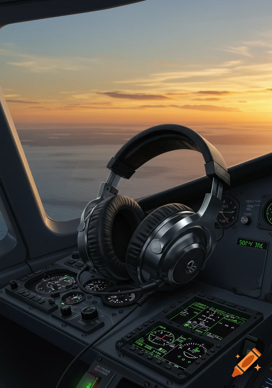 A close-up, photorealistic view from inside an airplane cockpit at sunset, with a pair of black over-ear headphones resting on the control panel.