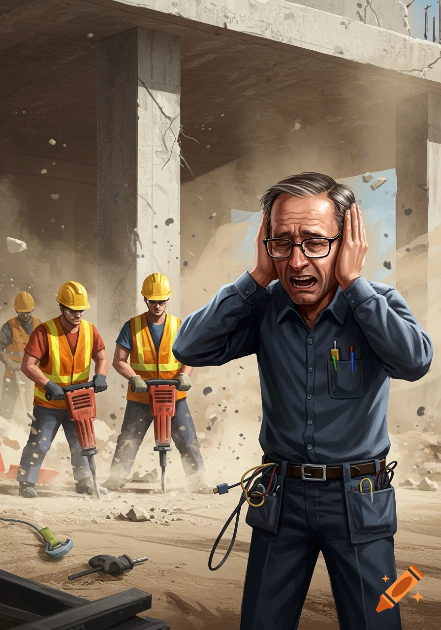A man in a blue shirt and glasses covers his ears, wincing as construction workers operate jackhammers in a dusty building site.