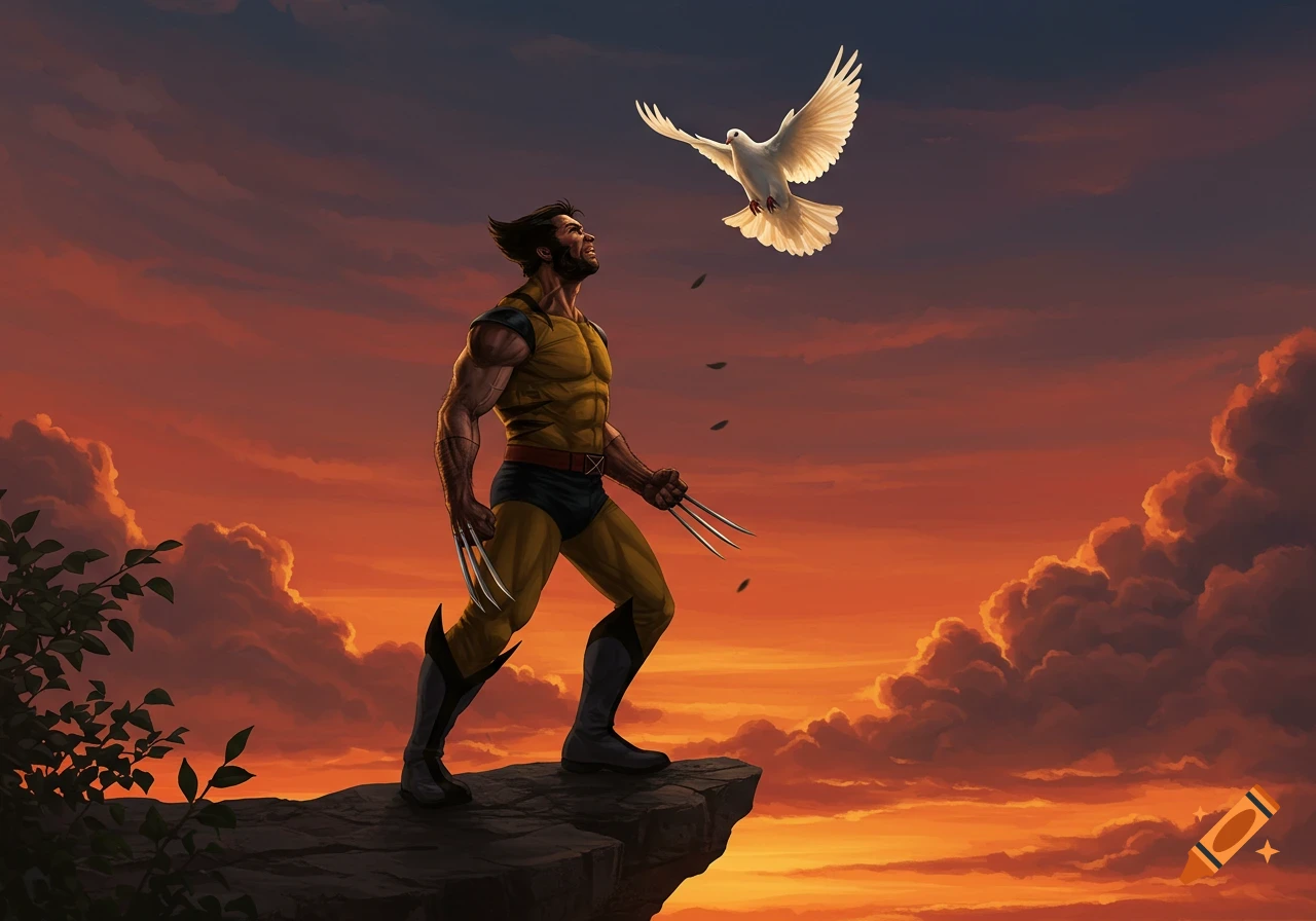 Wolverine stands on a cliff at sunset, looking up at a white dove flying, with his claws extended, in an illustration.