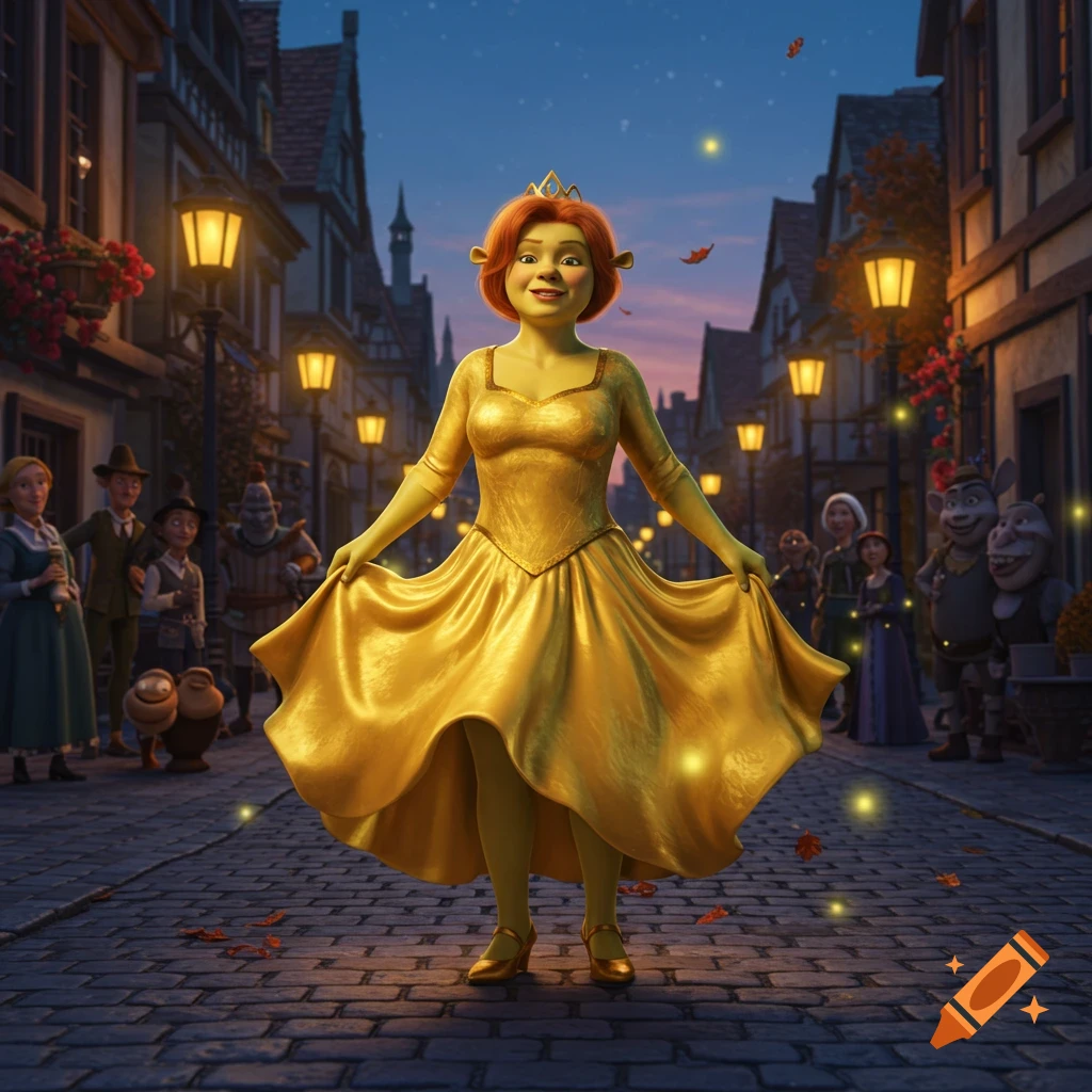 Fiona in a golden dress poses on a cobblestone street at dusk, with medieval buildings and characters in the background, animated style.
