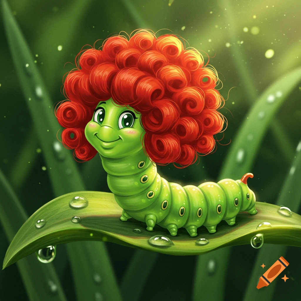 A cute cartoon green caterpillar with a large, curly red wig sits on a green leaf with dewdrops.