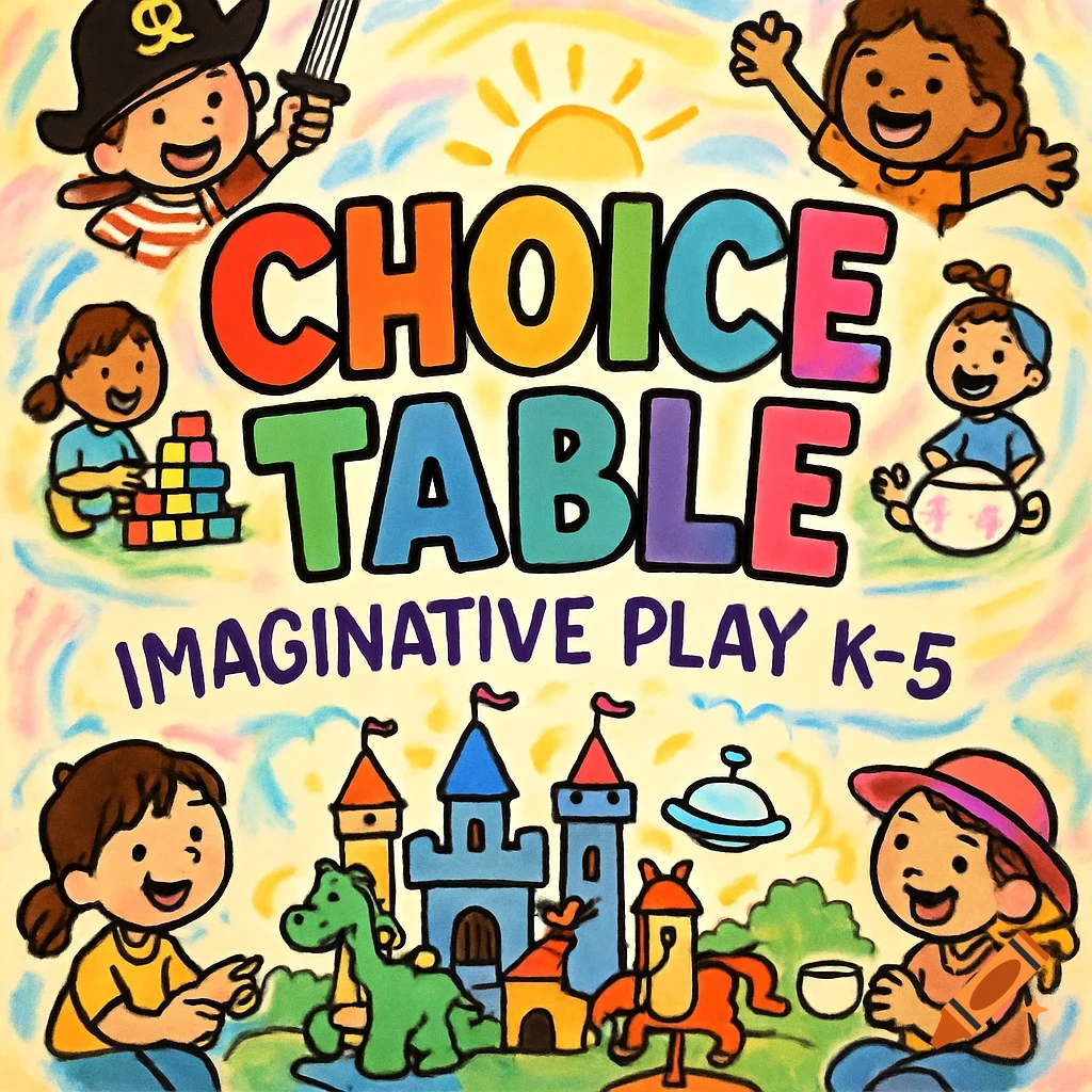 A colorful cartoon illustration for 'CHOICE TABLE IMAGINATIVE PLAY K-5' with children playing various roles like pirate and builder, surrounded by castles and a dragon.