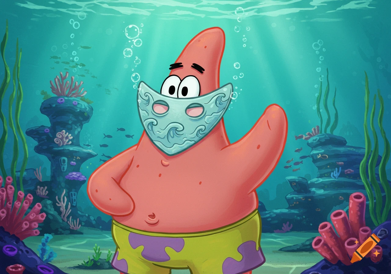 Patrick Star wearing a decorative light blue mask over his eyes and nose, underwater with coral and fish.