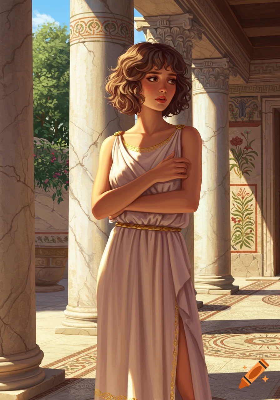 A stylized illustration of a young woman with short curly hair in a white Greek chiton, standing among marble columns.