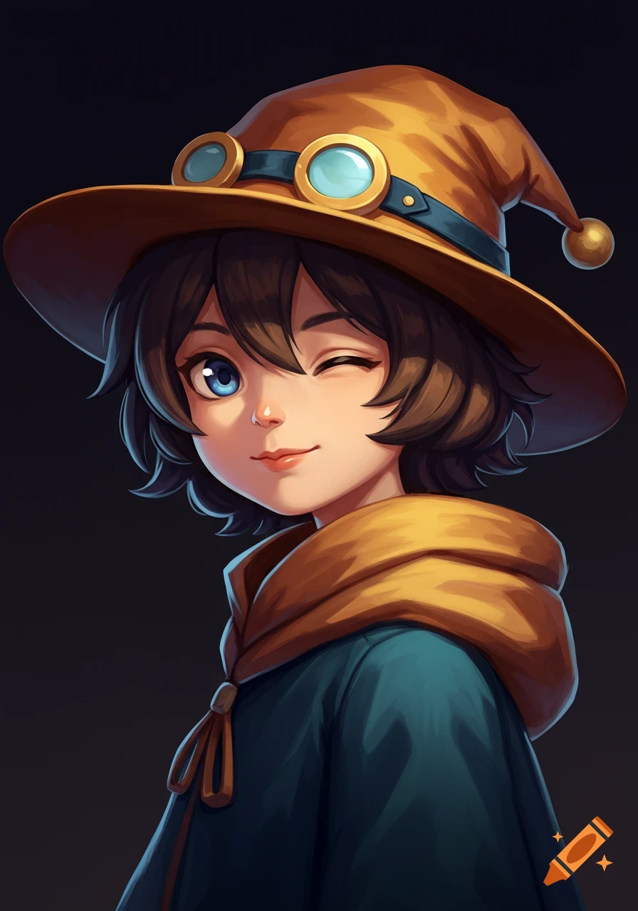 Anime-style character with a brown pointed hat and goggles, dark teal cloak, winks and smiles.