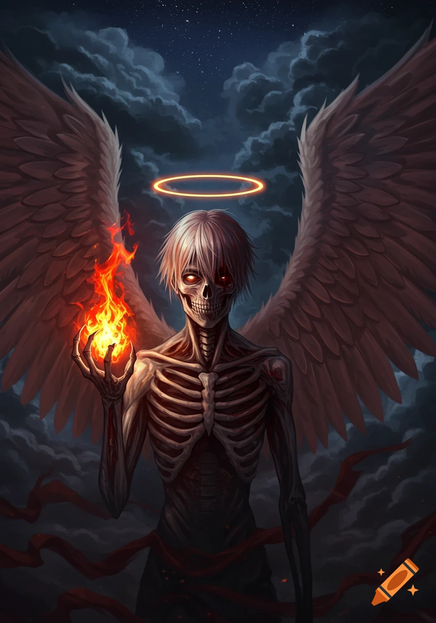 A skeletal angel-like figure with white hair, glowing red eyes, a halo, and large wings, holding fire against a dark, cloudy sky with red ribbons.