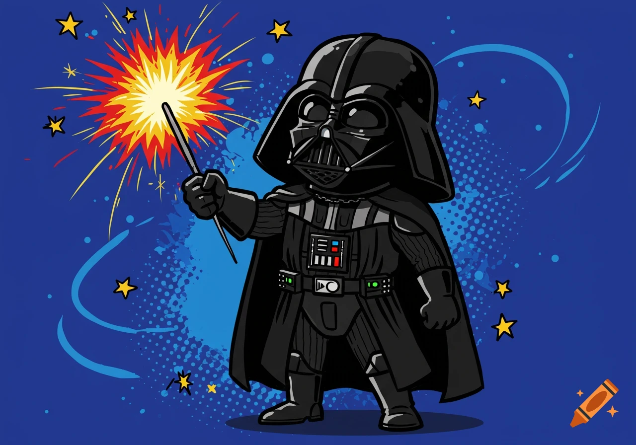 Cartoon Darth Vader holding a lit sparkler with comic-style explosions and stars on a blue background.