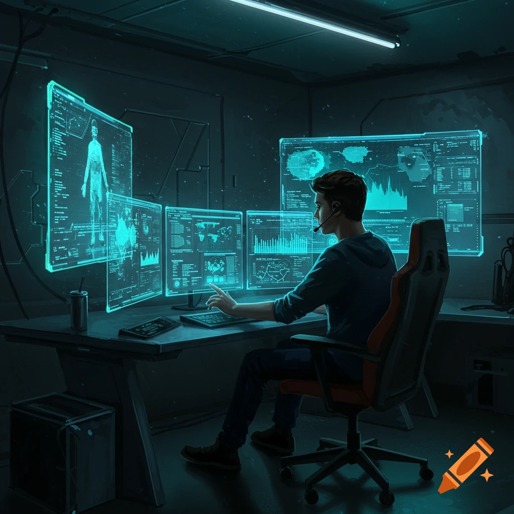 Young man in a dark room working at a desk with multiple glowing holographic screens displaying data and maps in a futuristic style.