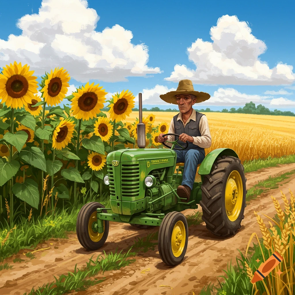 A farmer in a straw hat drives a green tractor down a dirt path, with tall sunflowers on the left and a golden wheat field on the right, under a blue sky.