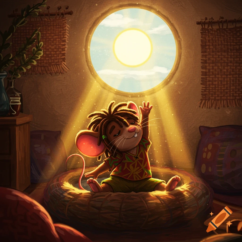 A cartoon mouse with dreadlocks stretches in a sunlit nest in a cozy room, illuminated by a circular window.
