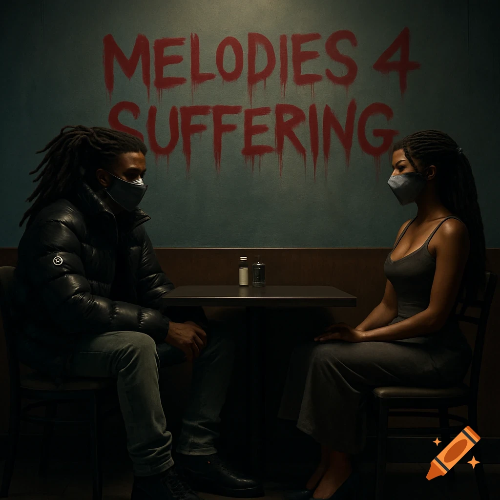 A man and a woman with dreadlocks and face masks sit at a table in a dimly lit room, with "MELODIES 4 SUFFERING" written in red on the wall behind them.