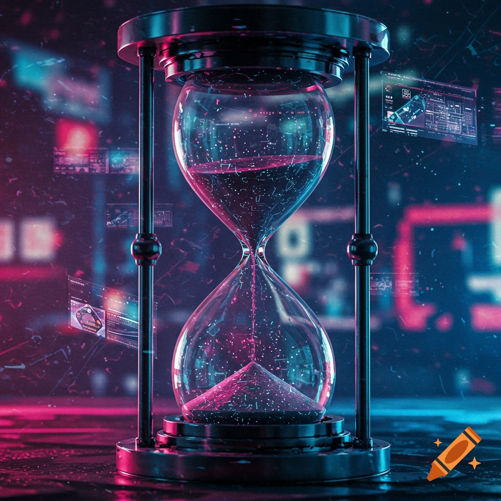A neon-lit cyberpunk hourglass with digital particles flowing through it, surrounded by holographic screens displaying data.