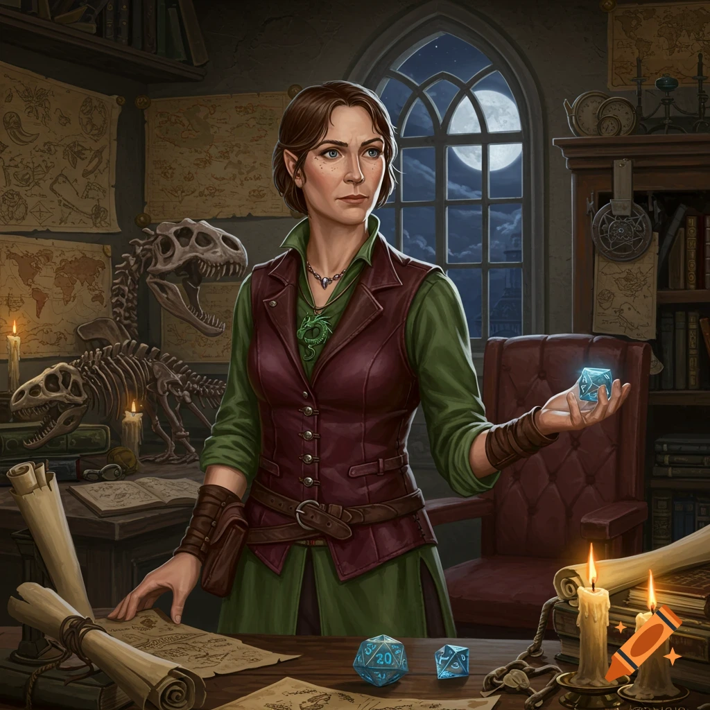 A female paleontologist with pointed ears holds a glowing D&D die in a study with dinosaur skeletons, maps, and candles.