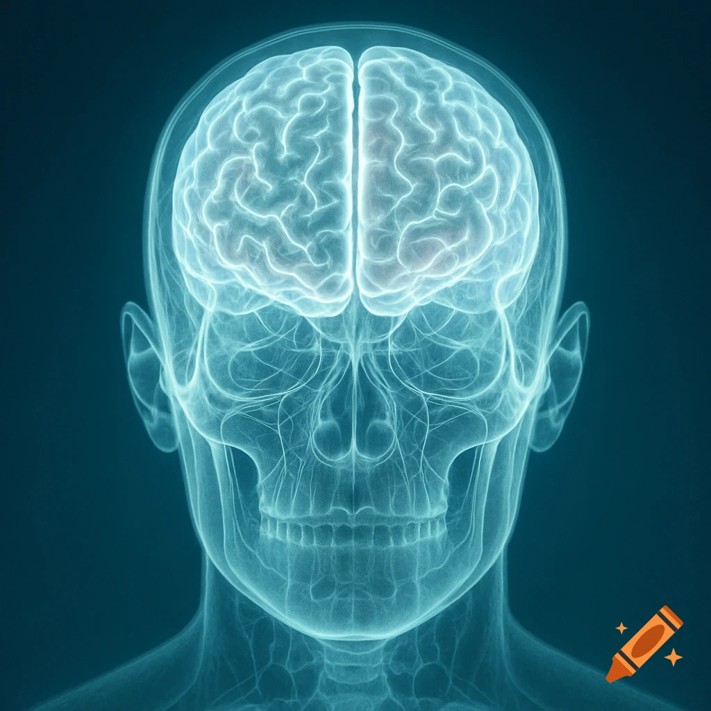 An X-ray style image of a human head, showing the glowing brain and skull.