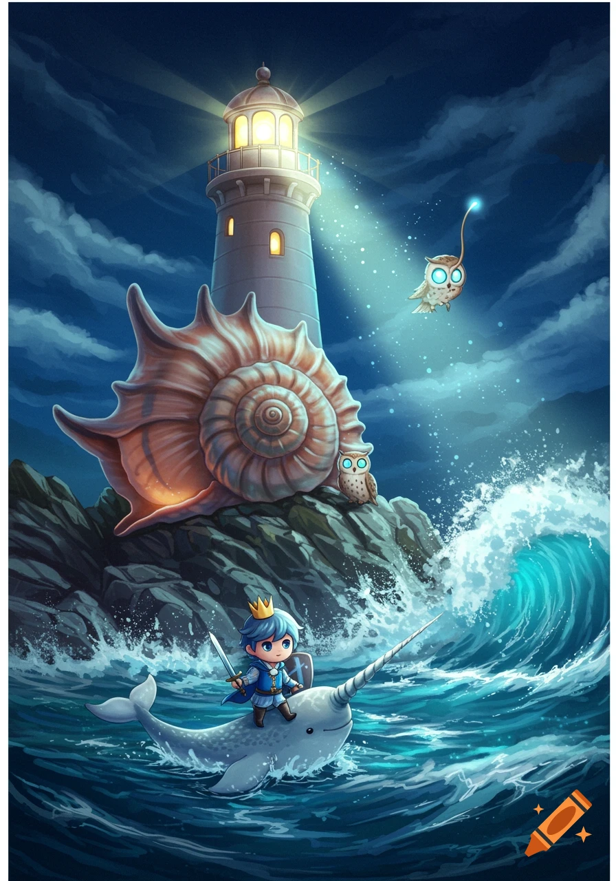 A cartoon prince in blue with a sword rides a narwhal through a stormy sea at night. A lighthouse and giant seashell sit on a rocky island, with two owls nearby, one flying with a glowing lure.