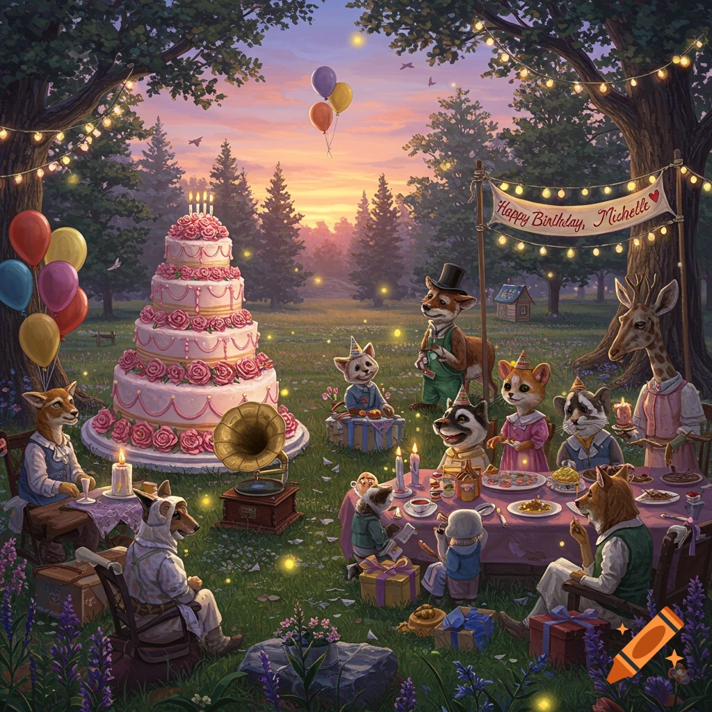 Anthropomorphic animals celebrating a birthday party in a whimsical forest setting with a large cake and fairy lights at sunset.