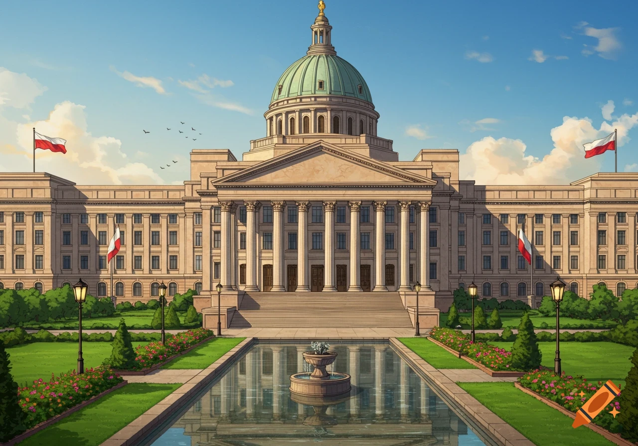 An illustration of a large, classical government building with a green dome, a reflecting pool, and manicured gardens. Polish flags fly on either side under a blue sky.