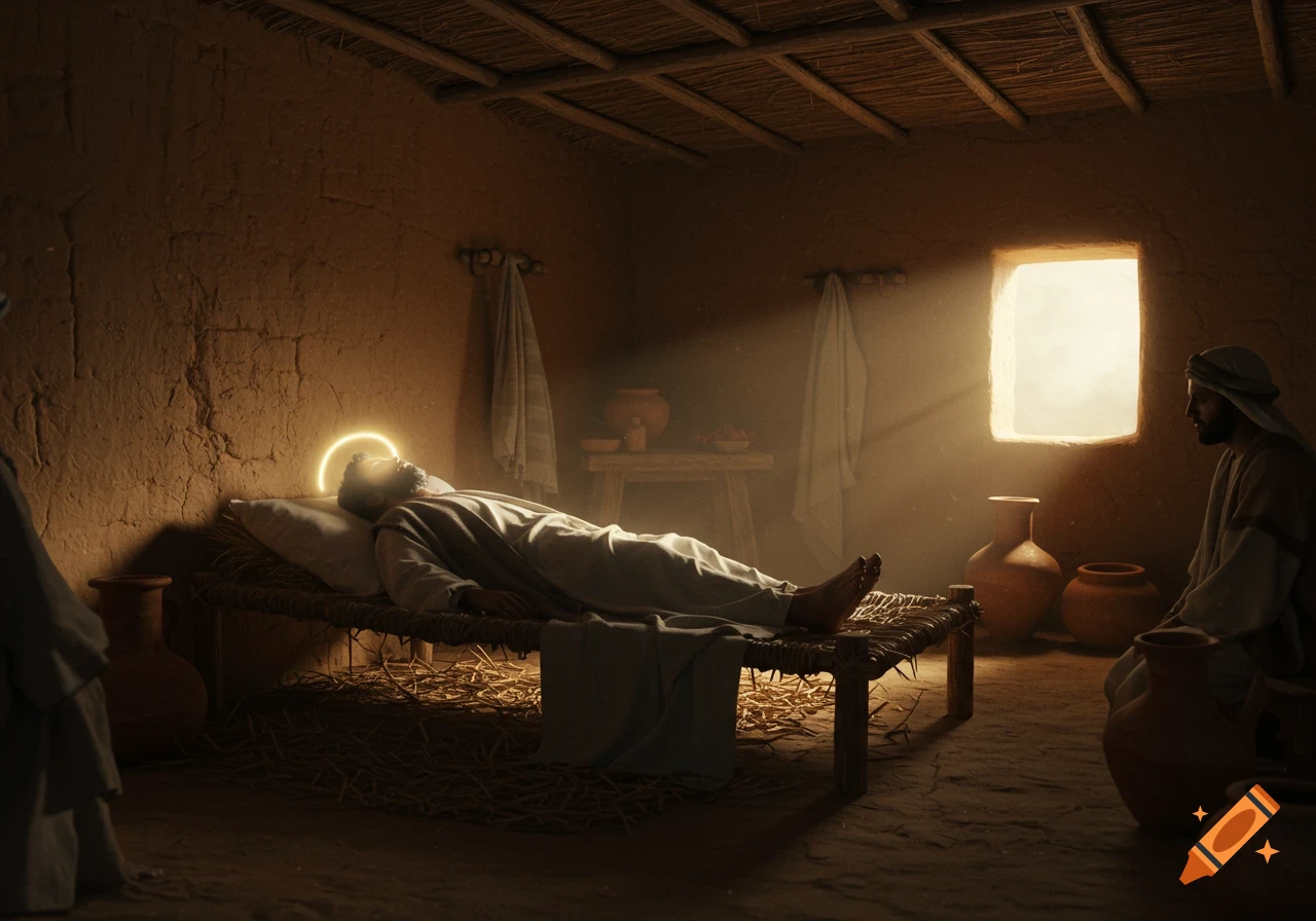 A man with a glowing halo sleeps on a simple bed in a humble, sunlit mud-walled room, while another man sits respectfully nearby.