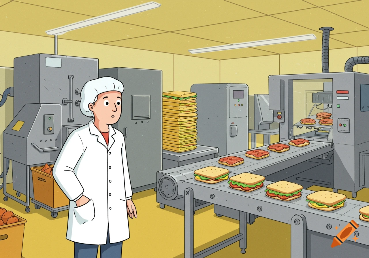 A curious cartoon factory worker in a white coat and hair net stands next to a sandwich production line.