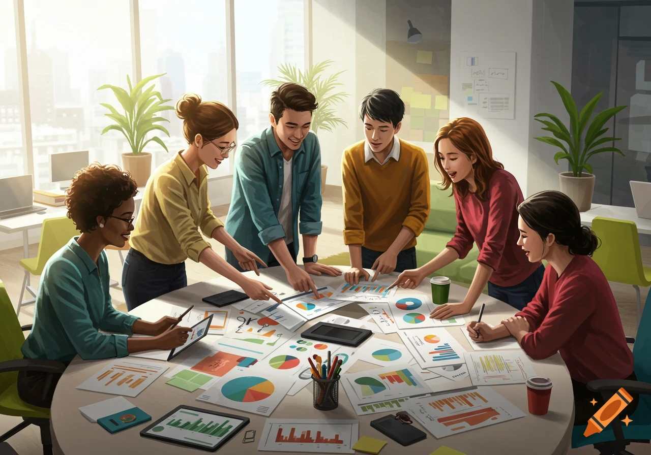 Digital illustration of diverse team members collaborating around a circular table, pointing at charts and graphs on documents.