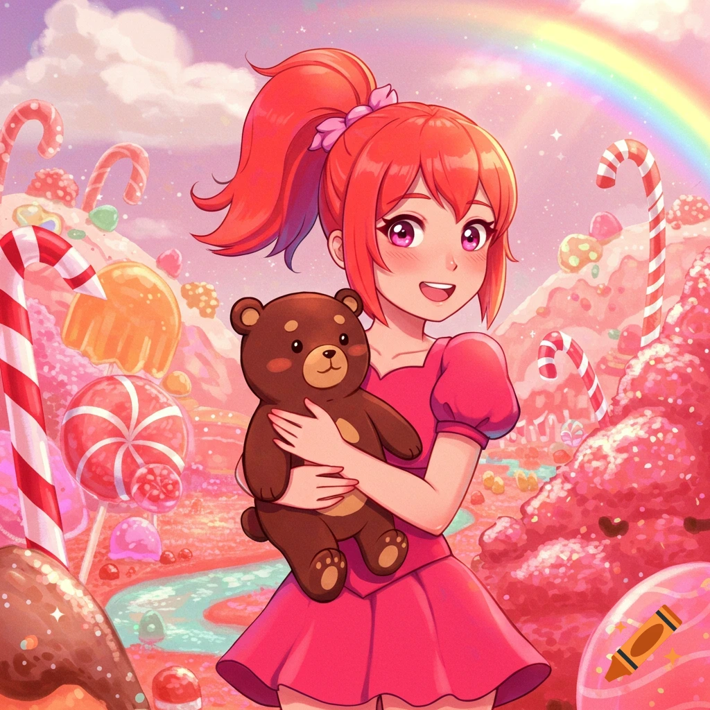 Anime girl with red hair holding a bear in a vibrant candy land with a rainbow.