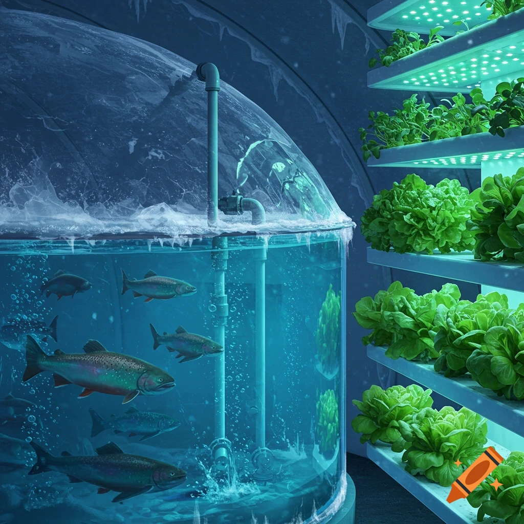 Aquaponics system with fish swimming in an icy, domed tank next to stacked hydroponic beds of lettuce and herbs under bright green LEDs.