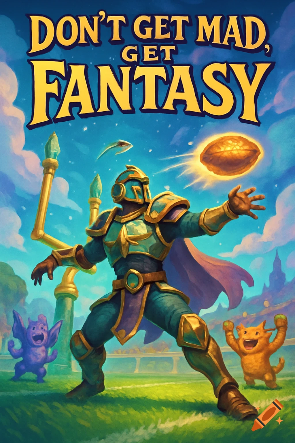 A fantasy knight in armor catches a glowing football on a grassy field with cartoon creatures. Text: DON'T GET MAD, GET FANTASY.