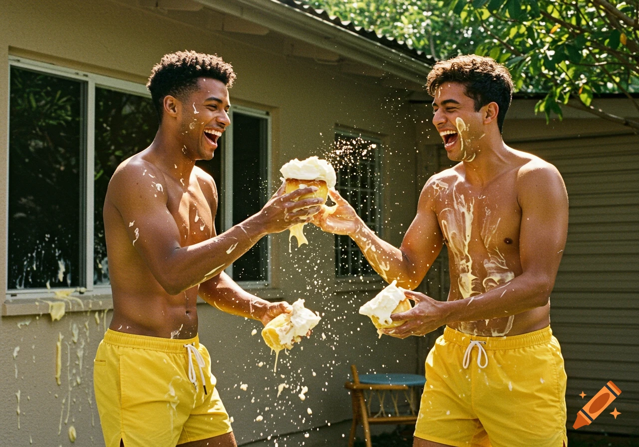 Two happy shirtless men in yellow shorts covered in cream laugh and play in a sunny backyard.